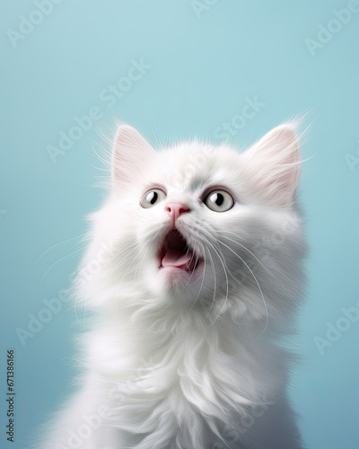 A white cat with a funny expression