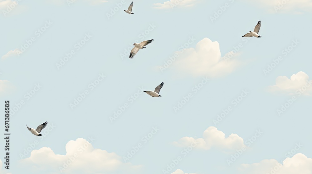  a flock of birds flying through a cloudy blue sky with white fluffy clouds in the foreground and a light blue sky with white fluffy clouds in the background.  generative ai