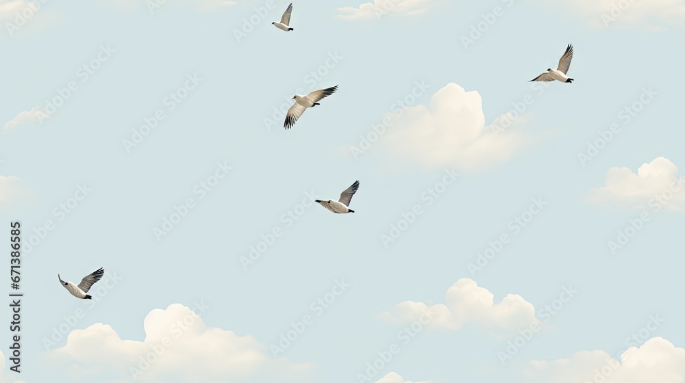 a flock of birds flying through a cloudy blue sky with white fluffy clouds in the foreground and a light blue sky with white fluffy clouds in the background. generative ai a flock of birds flying through a cloudy blue sky with white fluffy clouds in the foreground and a light blue sky with white fluffy clouds in the background. generative ai