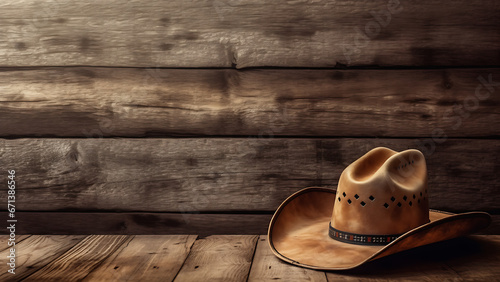 Cowboy hat, on old wooden background.