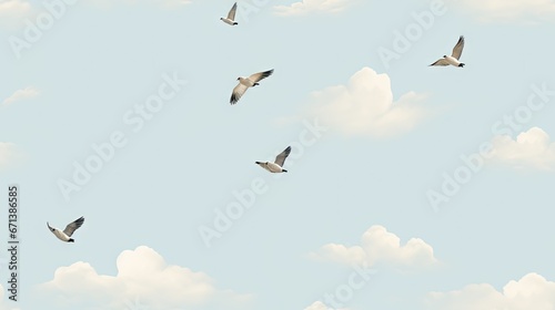  a flock of birds flying through a cloudy blue sky with white fluffy clouds in the foreground and a light blue sky with white fluffy clouds in the background.  generative ai © Olga
