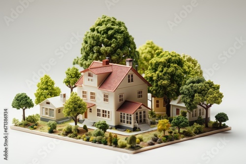 A substantial three-story block of miniature houses with annexes and trees, set against a white background, showcases a intricate and picturesque architectural model. Photorealistic illustration