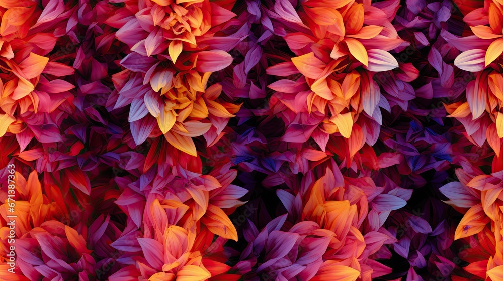  a close up of a bunch of flowers that are red, orange, yellow and purple with a black background.  generative ai