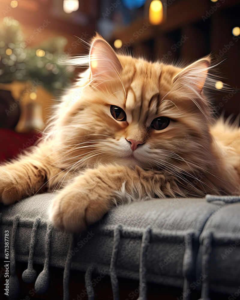 Fototapeta premium A cute cat resting on a couch 