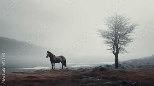  a horse standing in a field next to a tree on a foggy day with a mountain in the background. generative ai