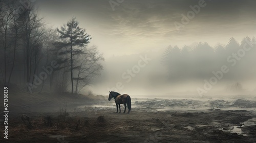  a horse standing in the middle of a foggy forest with a body of water in the foreground and trees in the background. generative ai