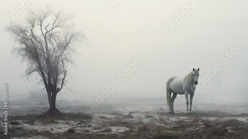  a white horse standing next to a tree in a field on a foggy day with no one around it.  generative ai