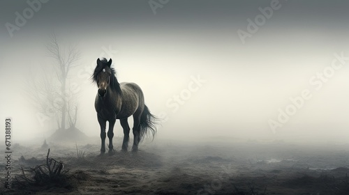  a horse standing in the middle of a field on a foggy day with trees and bushes in the background.  generative ai © Olga