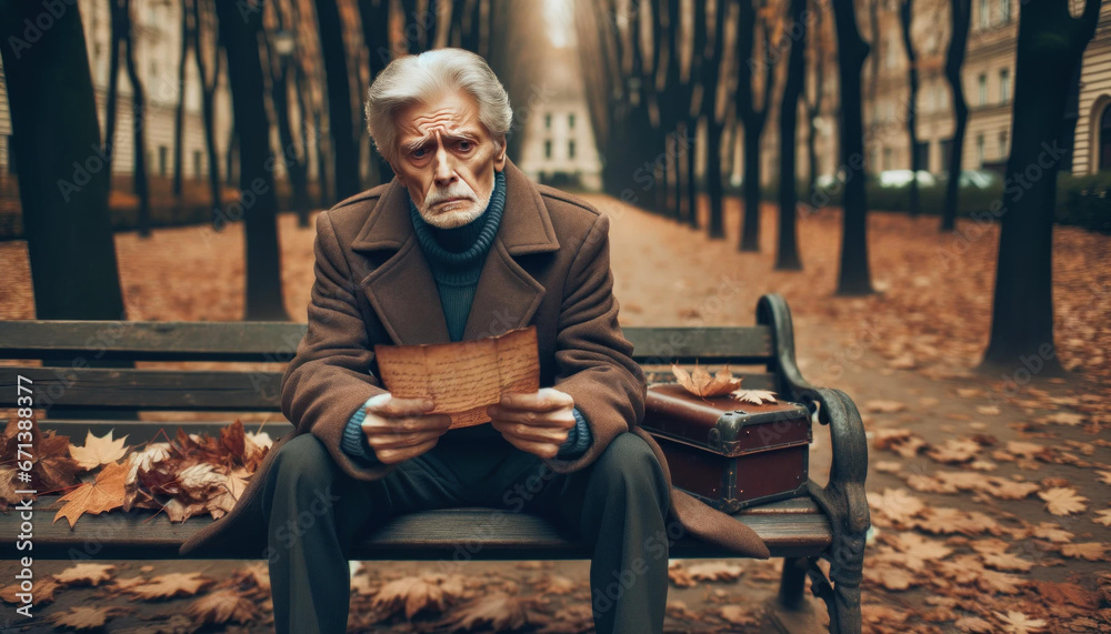 Fototapeta premium Elderly Gentleman Reflecting on Past Memories, Autumn Park Setting