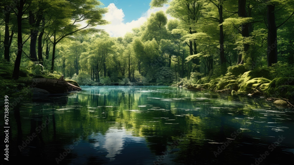  a painting of a river in the middle of a forest with trees on both sides of the river and a rock in the middle of the water.  generative ai