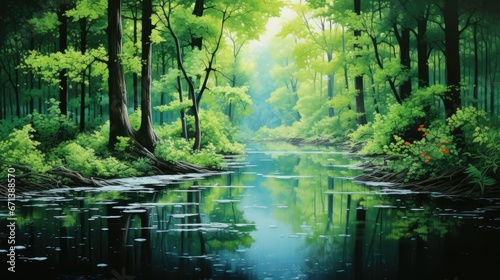  a painting of a river in the middle of a forest with green trees and flowers on both sides of the river.  generative ai