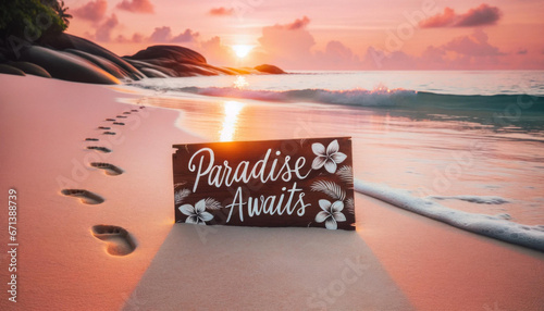Sunrise Beach Serenity with Hand-Painted Paradise Awaits Sign Amidst Footprints