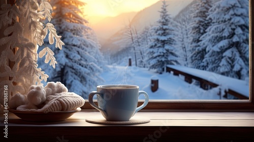  a cup of coffee sitting on top of a window sill next to a window sill covered in snow. generative ai