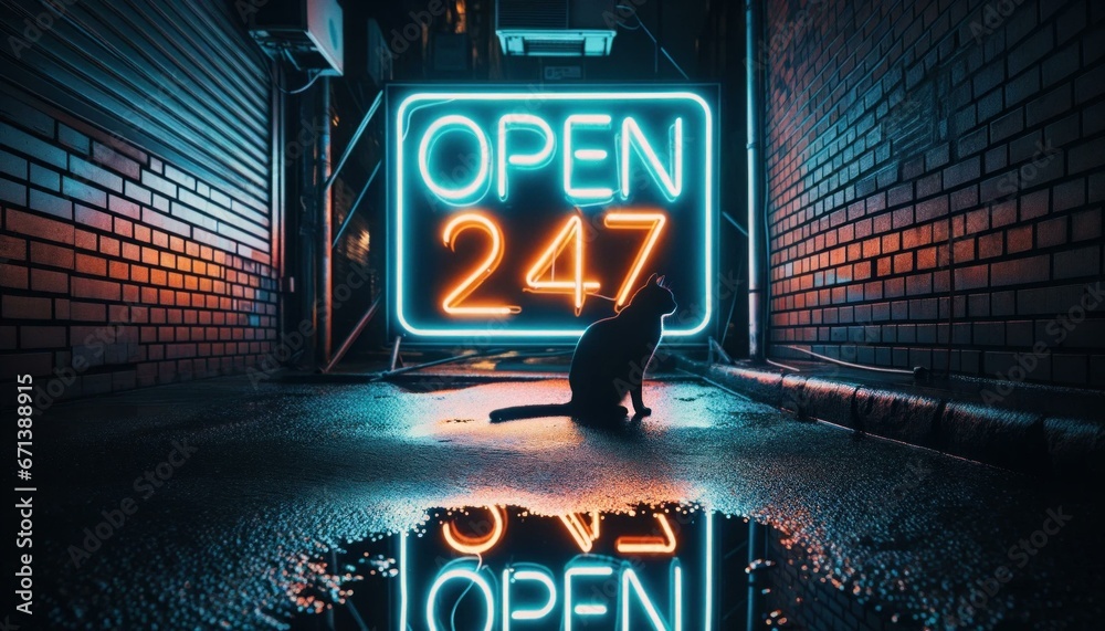 Neon 'Open 24/7' Sign in Urban Alleyway with Reflective Puddles and Silhouette of Cat