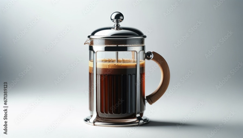 Elegant Glass Coffee Press with Freshly Brewed Drink on White Background Elegant Glass Coffee Press with Freshly Brewed Drink on White Background