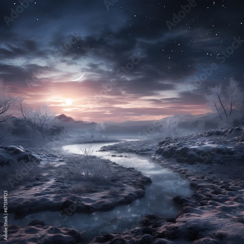  a river running through a snow covered field under a sky filled with stars and a full moon in the distance. generative ai