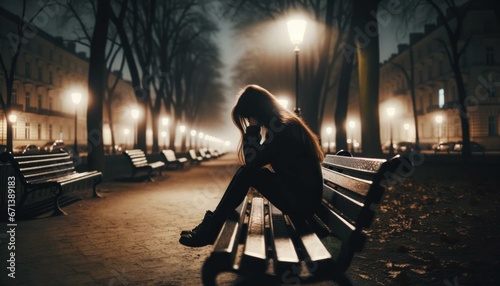 Lonely Woman on Park Bench: Night's Desolation under Dim Street Lights photo