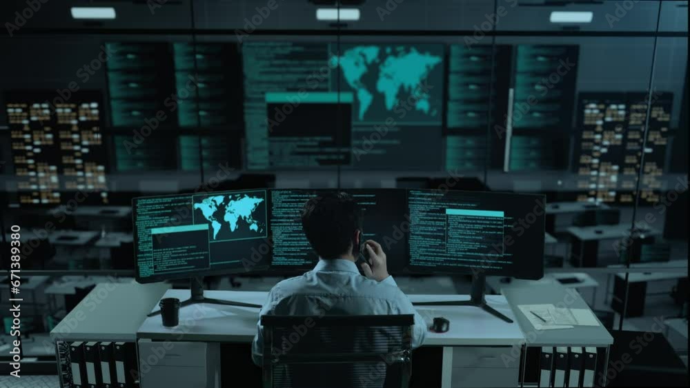 Back View Of Asian Man Developer Talking On Mobile Phone While Write Code With Multiple Computer Screens In The Office
Back View Of Asian Man Developer Talking On Mobile Phone While Write Code With Multiple Computer Screens In The Office