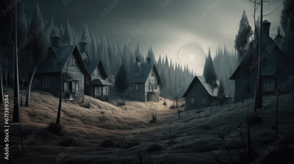 Fantasy landscape with old house in foggy forest