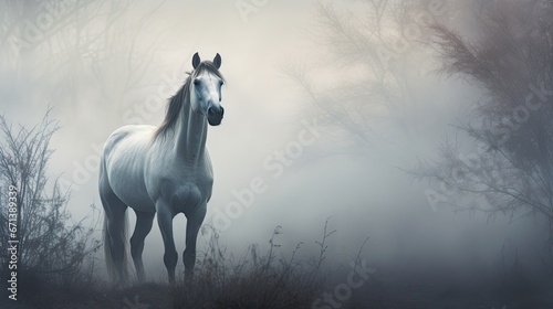  a white horse standing in the middle of a forest on a foggy day with trees and bushes in the background.  generative ai