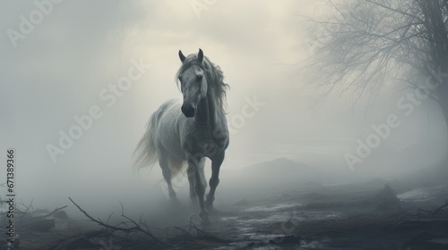  a white horse running through a foggy forest with trees in the foreground and a body of water in the background. generative ai