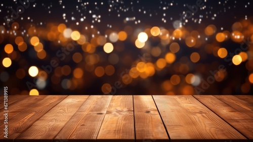 The empty wooden table top with blur background of restaurant at night. Exuberant image. generative ai