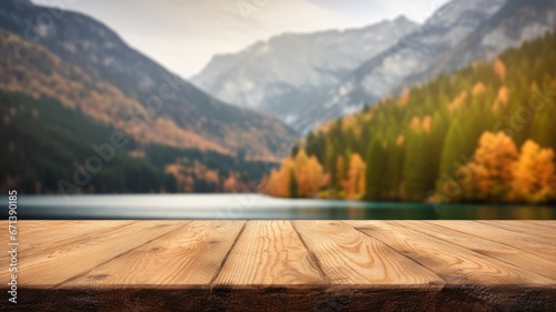 The empty wooden table top with blur background of lake and mountain in autumn. Exuberant image. generative ai