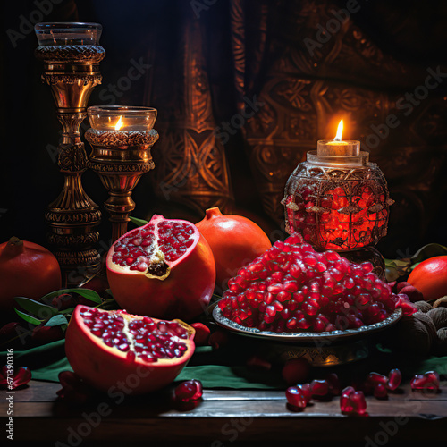A beautiful oriental table with pomegranate and other fruits is a traditional Yalda night. Pomegranate, fabrics, candles, food