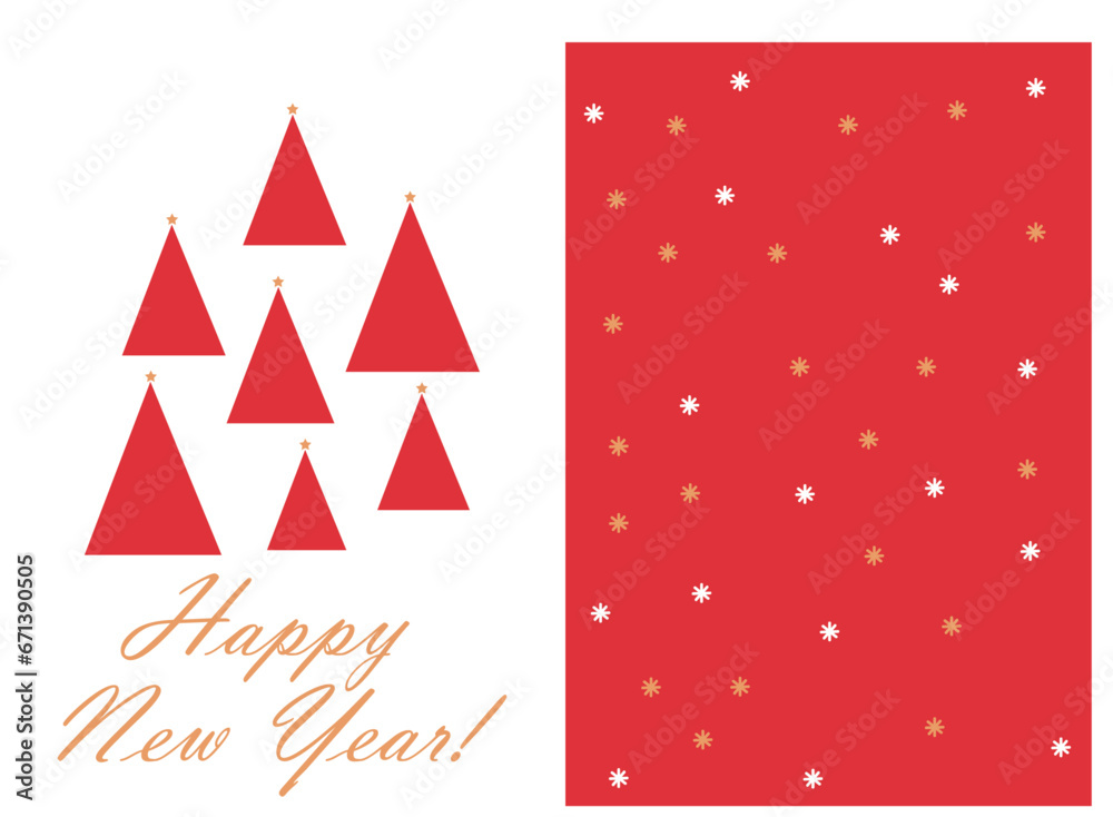 collection of modern simple vector: happy new year. Geometric shapes (triangles) in the form of a Christmas tree and snowflakes on a red and white background