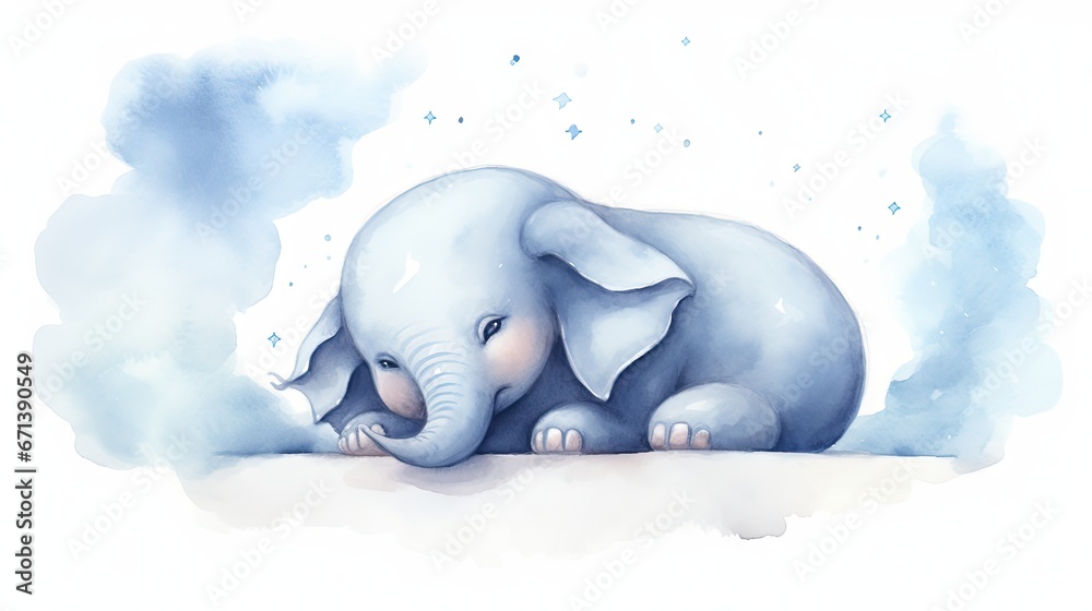  a watercolor painting of an elephant laying on the ground with it's trunk on the ground and it's head on the ground.  generative ai