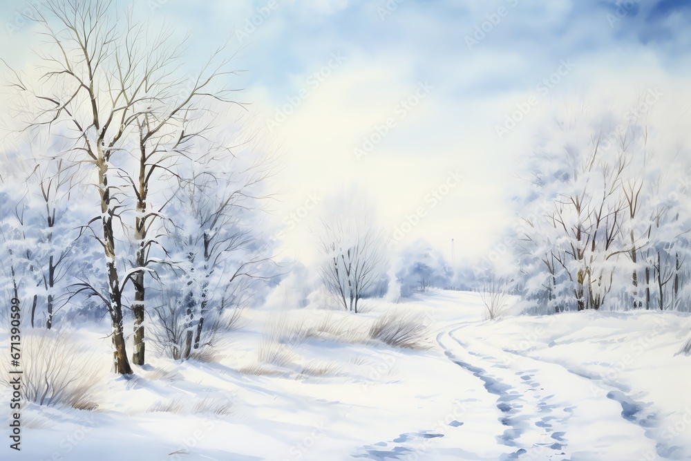 Winter landscape with snowy trees and meadow in painting style background Winter landscape with snowy trees and meadow in painting style background