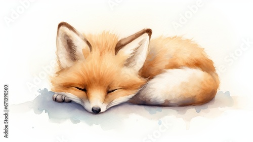  a painting of a sleeping fox with its head on it's side, with its eyes closed, on a white background. generative ai