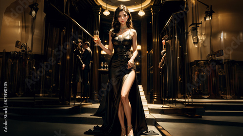 Beautiful sexy lady in elegant dress posing in luxury casino. Fashion shot.