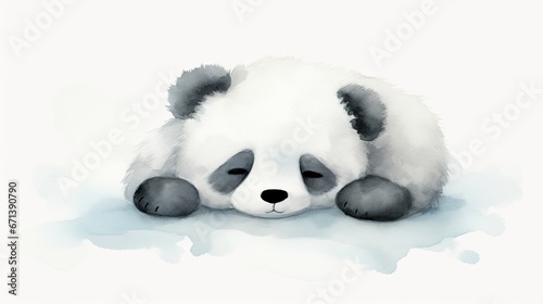  a black and white panda bear laying down on a blue and white watercolor background with its head resting on its paws. generative ai