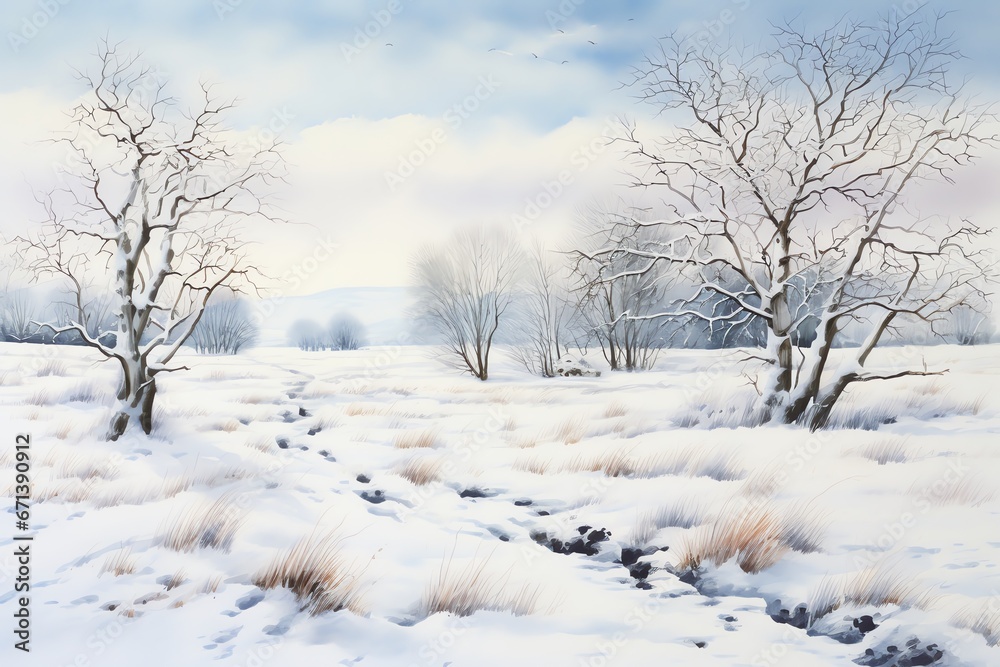 Winter landscape with snowy trees and meadow in painting style background Winter landscape with snowy trees and meadow in painting style background