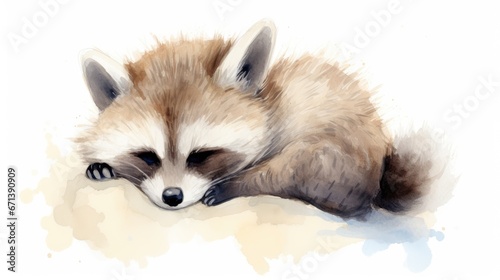  a watercolor painting of a raccoon sleeping on the ground with it's head on its paws. generative ai