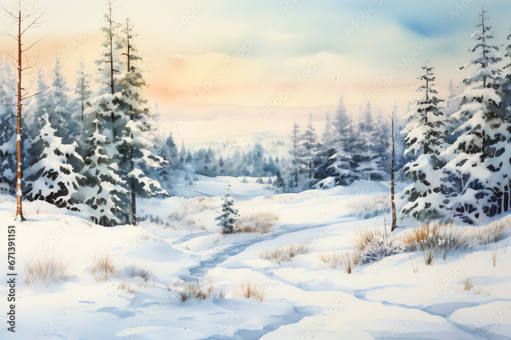 Winter landscape with snowy trees and meadow in painting style background Winter landscape with snowy trees and meadow in painting style background