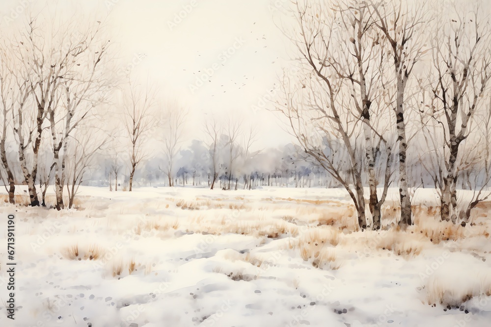Winter landscape with snowy trees and meadow in painting style background Winter landscape with snowy trees and meadow in painting style background