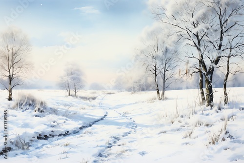 Winter landscape with snowy trees and meadow in painting style background © fledermausstudio