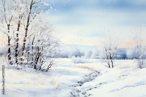 Winter landscape with snowy trees and meadow in painting style background