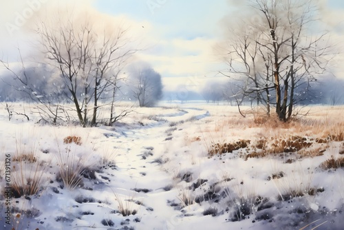 Winter landscape with snowy trees and meadow in painting style background