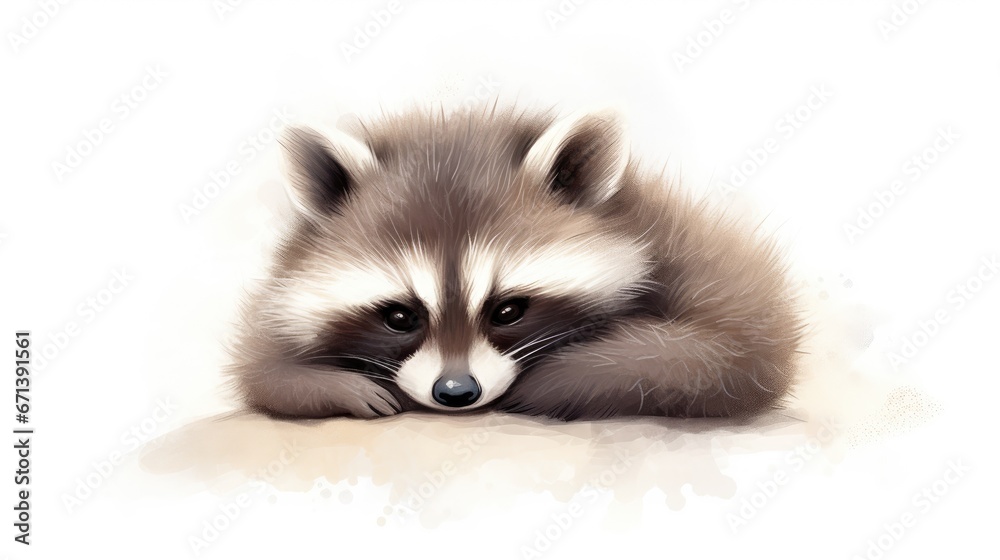  a raccoon that is laying down with its head on it's paws and eyes closed, with a white background.  generative ai