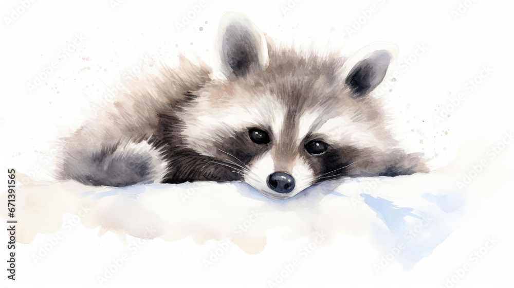 Obraz premium a watercolor painting of a raccoon resting on a white sheet with his head resting on the edge of the sheet. generative ai