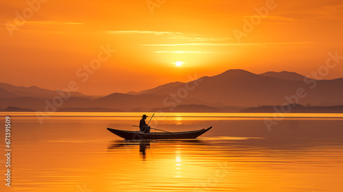 Lone Fisherman Rowing at Sunset Amidst Mountainous Reflections