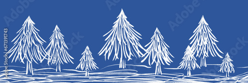 Christmas tree on a snowy day, seamless pattern drawing, blue background