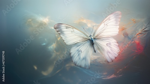  a white butterfly sitting on top of a red and blue object in the air with a blurry back ground. generative ai