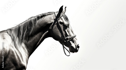  a black and white photo of a horse with a bridle on it s head and a white background.  generative ai