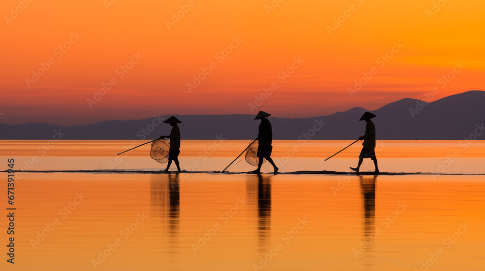 Three Fishermen Walk Shoreline, Nets Ready, Sunset Behind Mountains