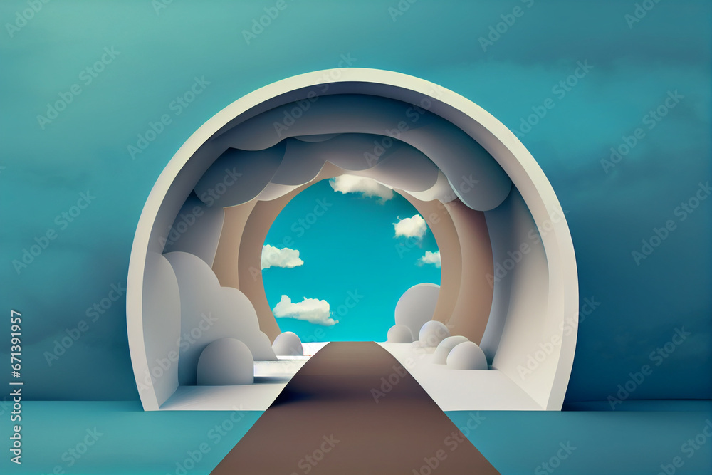 3d stylization, abstract paper background made of blue paper, a tunnel with flying clouds.