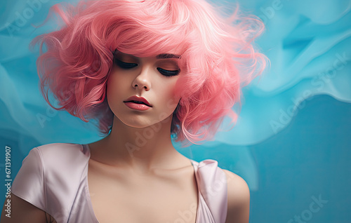 cute girl with blue wig and pink background